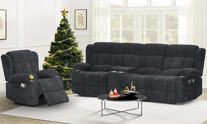 Recliner Sofa Set with Console, Flip Middle Backrest Design 3 Seater Reclining Sofa and Single Recliner Chair, Manual Couches for Living Room (Grey, 3 Seat+Console+1)