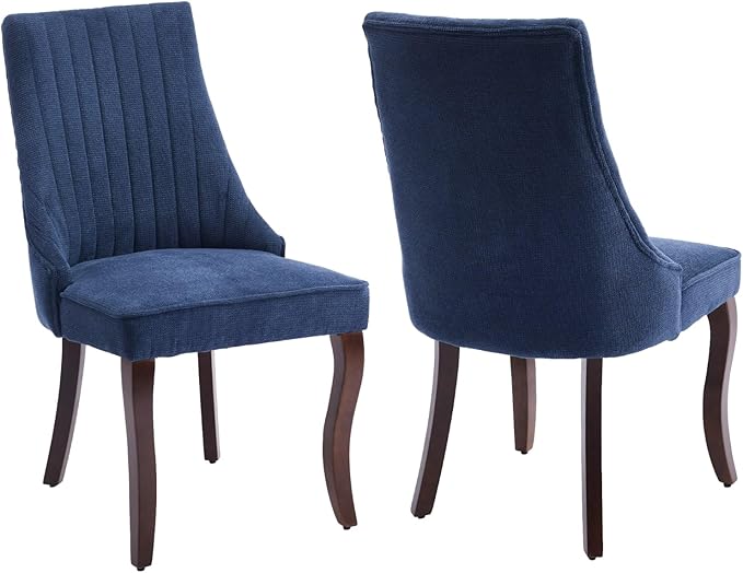 Linen Dining Chairs Set of 2,Comfy Fabric Upholstered Accent Chairs for Kitchen Living Room,Channel Tufted Dining Room Chairs with Curved Solid Wood Legs(Blue)