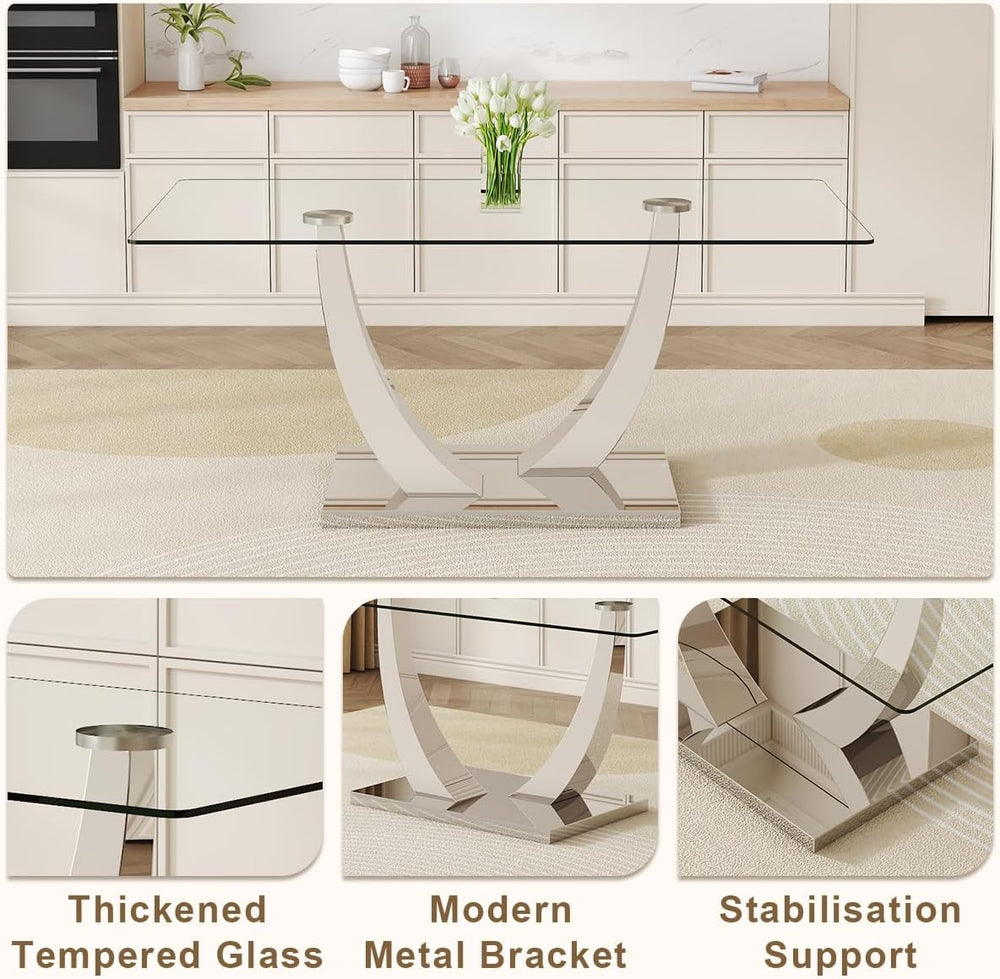 Glass Dining Table Set for 6, Modern Kitchen Table Set for 6, 71" Temper...
