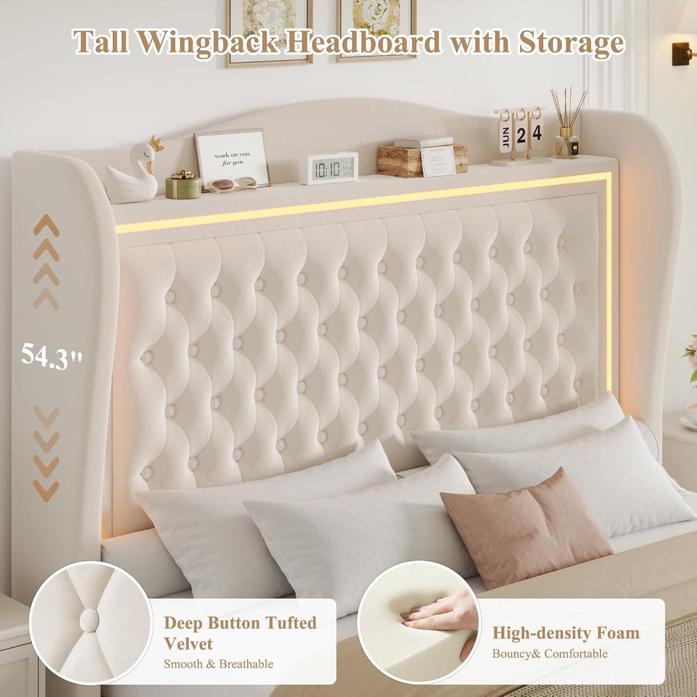 King Bed Frame 55" Tall Headboard with LED Lights, Buttons Tufted Velvet...