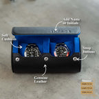 DailyWatch | Personalized Watch Roll Travel Case For 2 Watches - Handmade Genuine Leather Travel Case With Custom Engraving of Name or Initials - Black Blue
