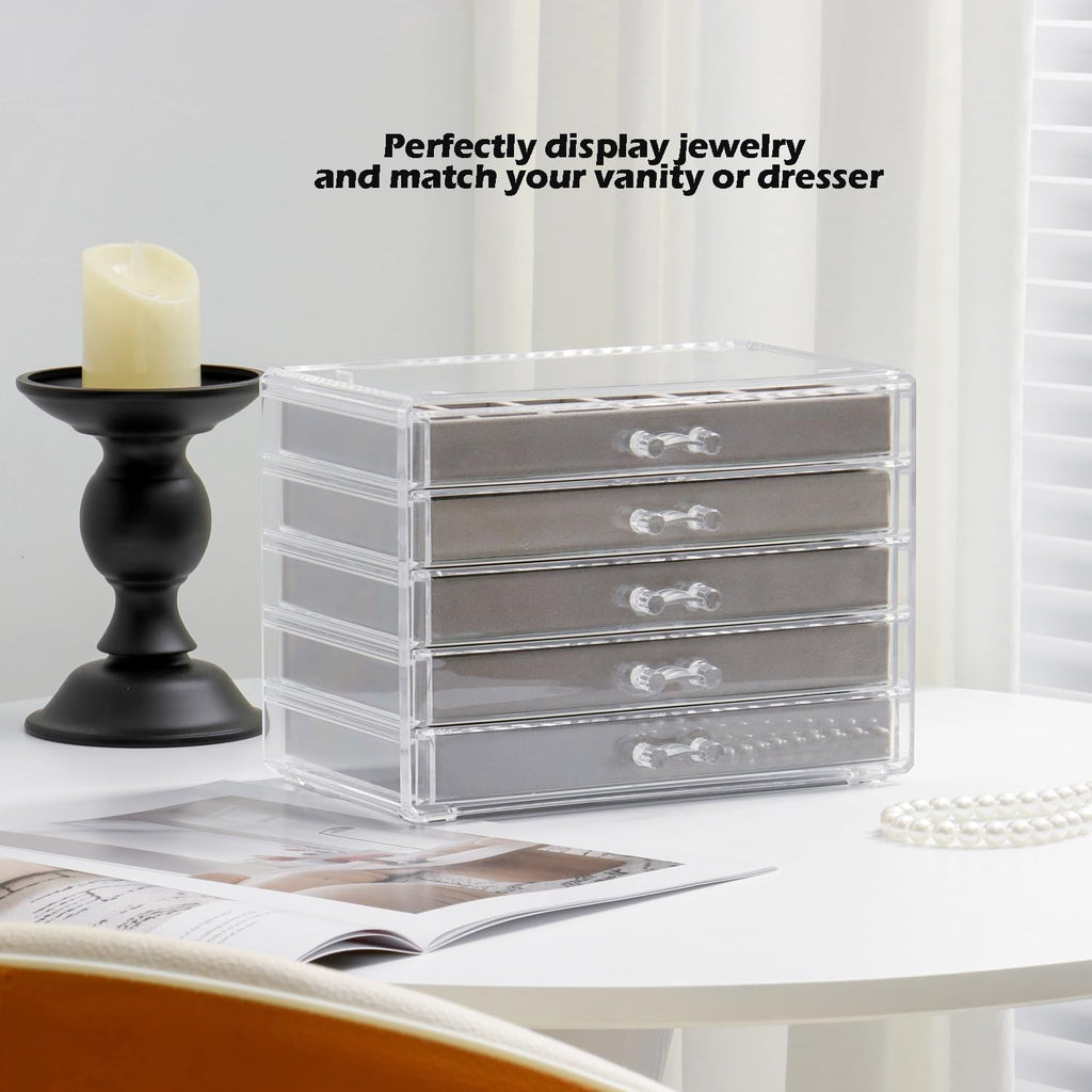 YUFONG Jewelry Organizer with 5 Drawers Clear Acrylic Earring Display Case Velvet Jewelry Storage Box Display Holder for Earring Ring Bracelet Necklace (Gray, 27 Grids)