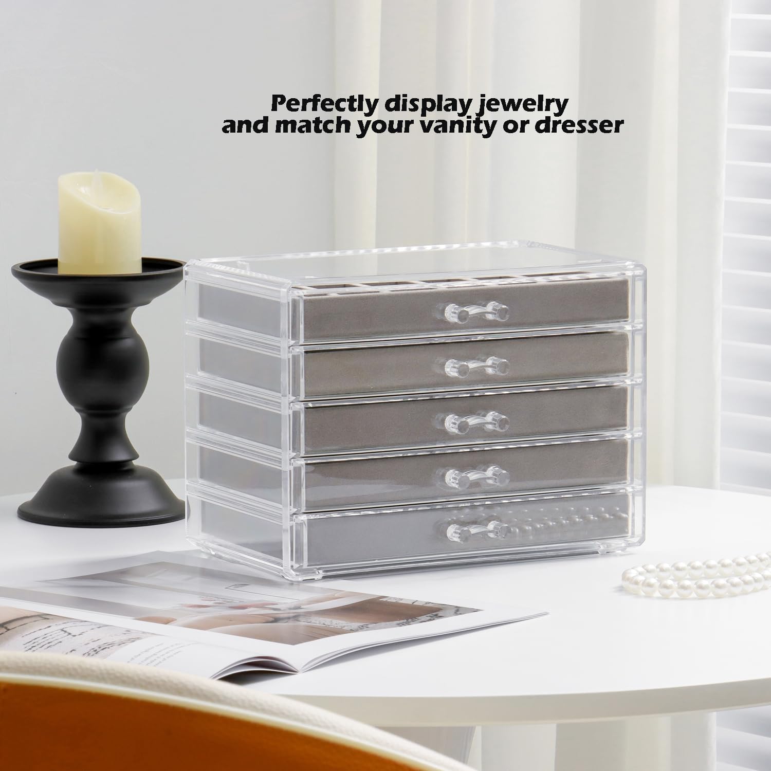 YUFONG Jewelry Organizer with 5 Drawers Clear Acrylic Earring Display Case Velvet Jewelry Storage Box Display Holder for Earring Ring Bracelet Necklace (Gray, 27 Grids)