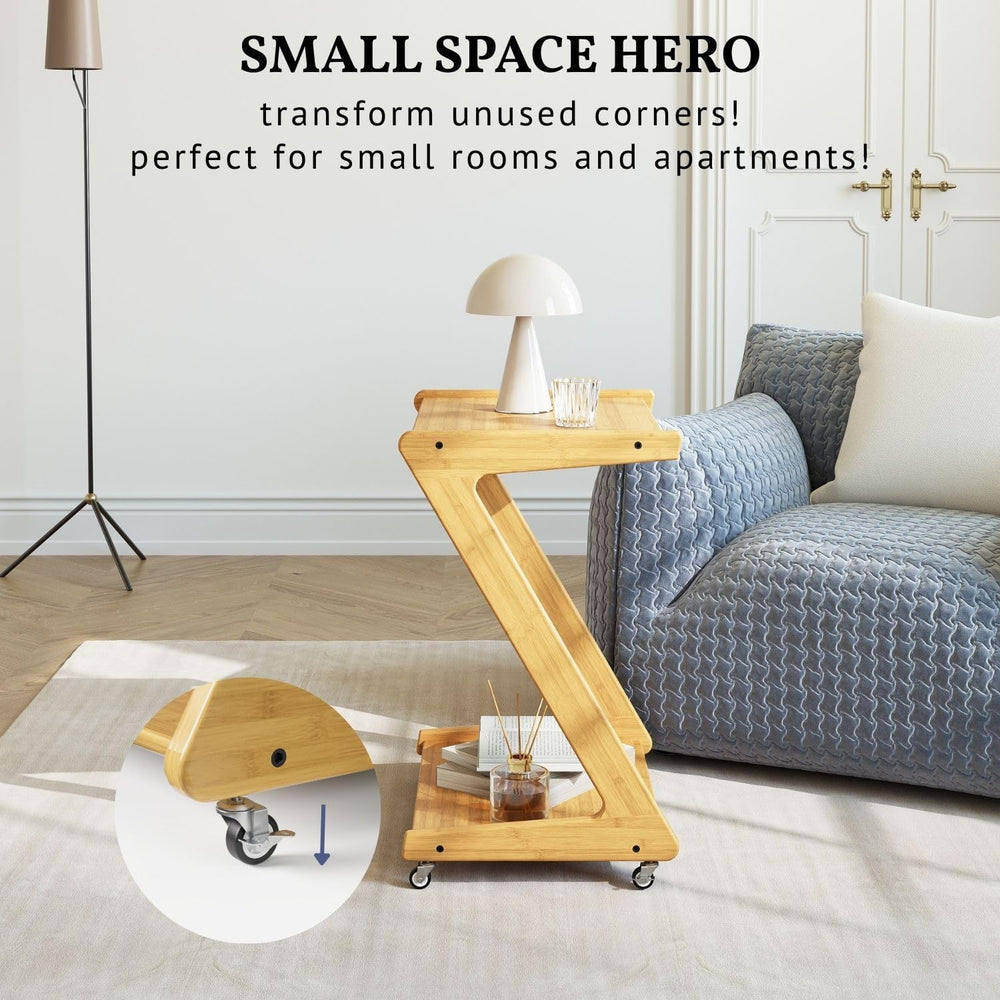 ZIYOO Z-Shaped End Table with Wheels, Natural Bamboo Couch Side Table that Sl...