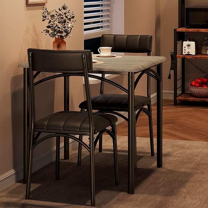 2-Person Dining Table Set (3 Pieces) - Square Kitchen Table with Upholstered Chairs | Ideal Small Space Dining Set for Apartments, Studios | Compact Kitchen Dining Set for 2 Adults/Kids