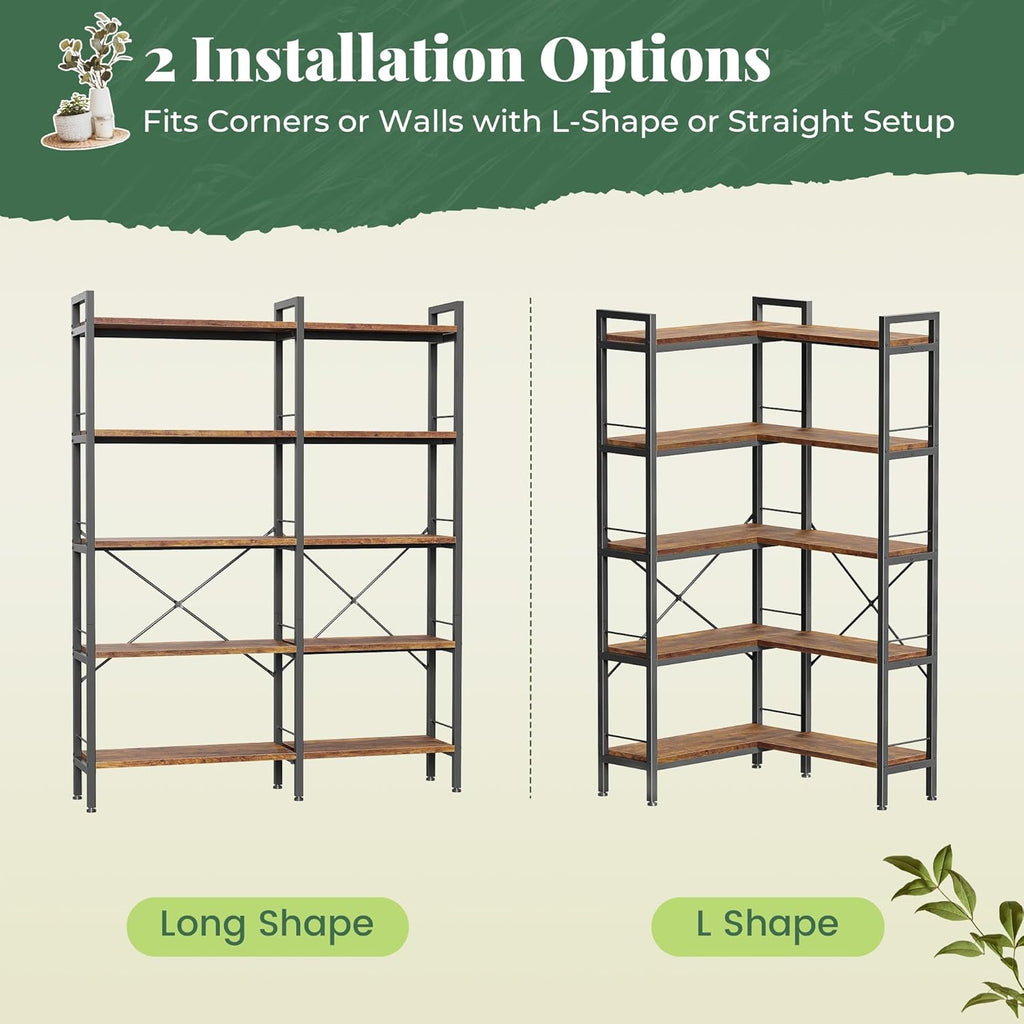 Huuger 5 Tier Bookshelf, L Shaped Corner Bookshelf with 10 Open Shelves, 49.4 Inch Straight Wide Bookcase with Metal Frame and Wooden Board, Adjustable Feet, Rustic Brown