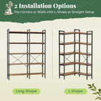Huuger 5 Tier Bookshelf, L Shaped Corner Bookshelf with 10 Open Shelves, 49.4 Inch Straight Wide Bookcase with Metal Frame and Wooden Board, Adjustable Feet, Rustic Brown
