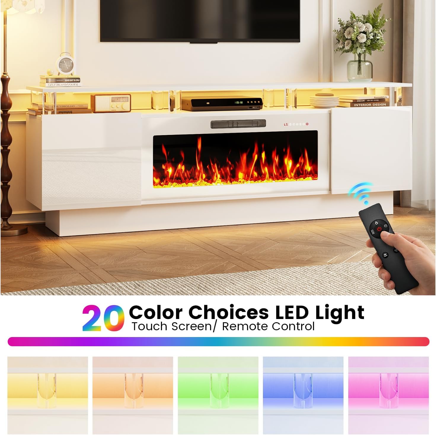 Fireplace TV Stand with White Fireplace, 70 Inch White Fire Place TV Stands for Living Room, Modern Electric Fireplace TV Stand with Cabinets & Acrylic Columns, Entertainment Center for TVs Up to 80"