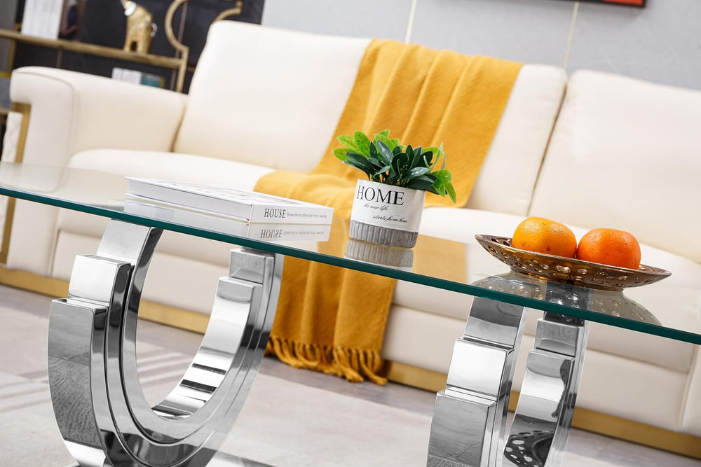 HomVent Glass Coffee Table with Silver Stainless Steel Base | 47"Rectang...