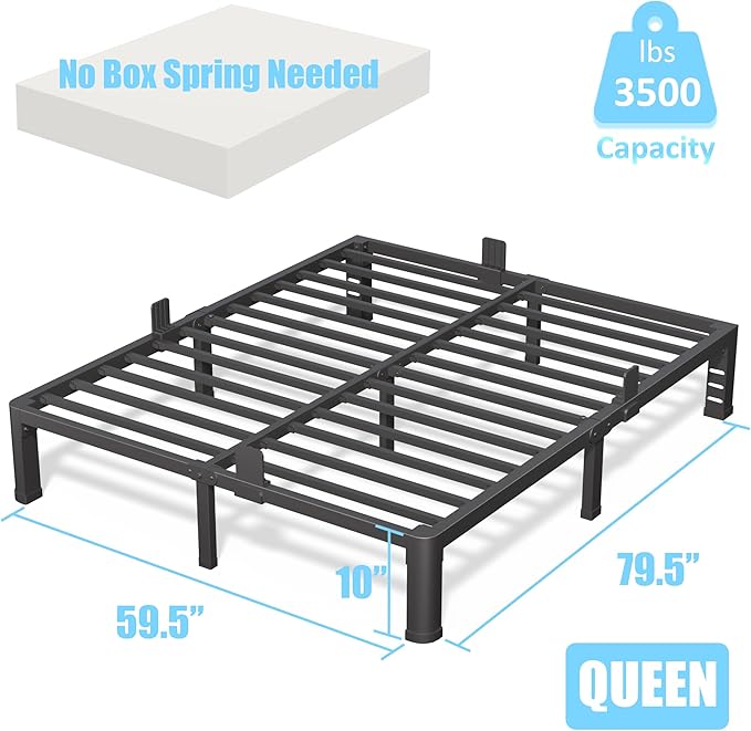 FUIOBYVV 10 Inch Queen Bed Frame with Rounded Corner and Headboard Hole Mattress Retainers 3500 LBS Metal Heavy Duty Steel Slats Support No Box Spring Needed Platform Noise Free Easy Assembly