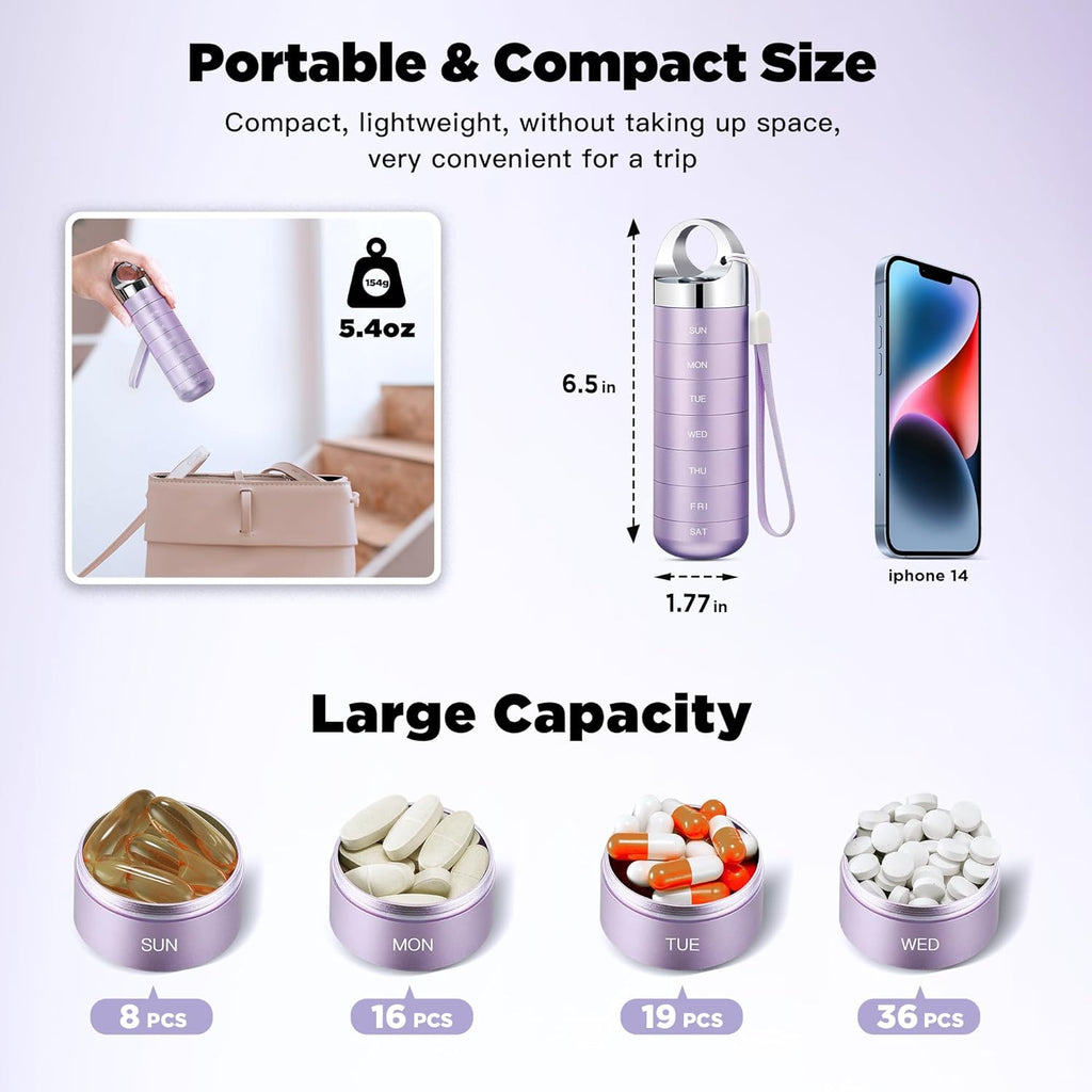Zannaki Metal Travel Pill Organizer, Portable Waterproof Weekly Pill Box, Large Aluminum Alloy Pill Case Container, BPA Free 7 Day Daily Medicine Organizer Holder for Vitamin, Fish Oil, Supplement