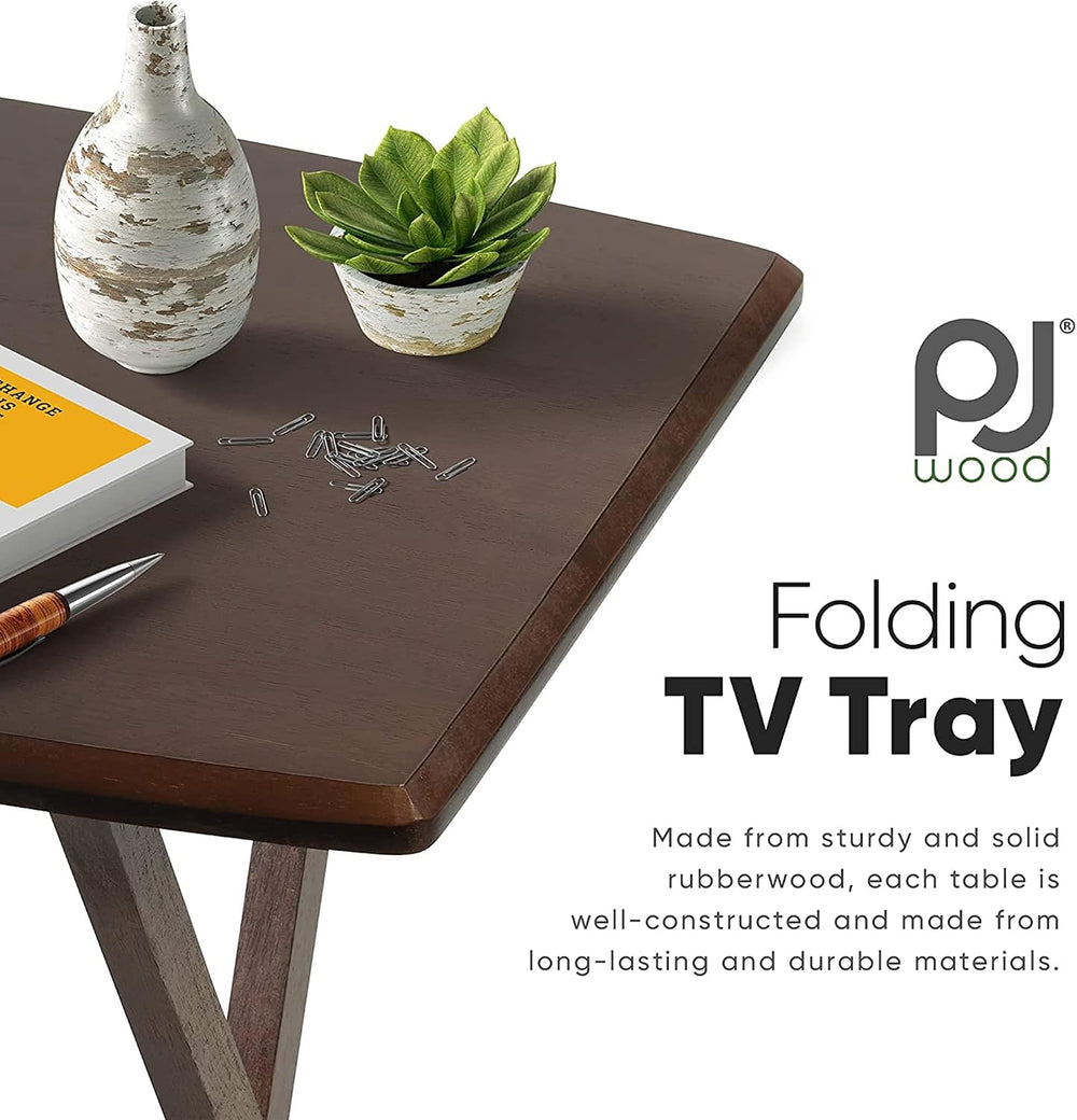 PJ Wood - 5-Piece Folding Tray Table Set - Walnut with Rack | Solid Wood, 14....