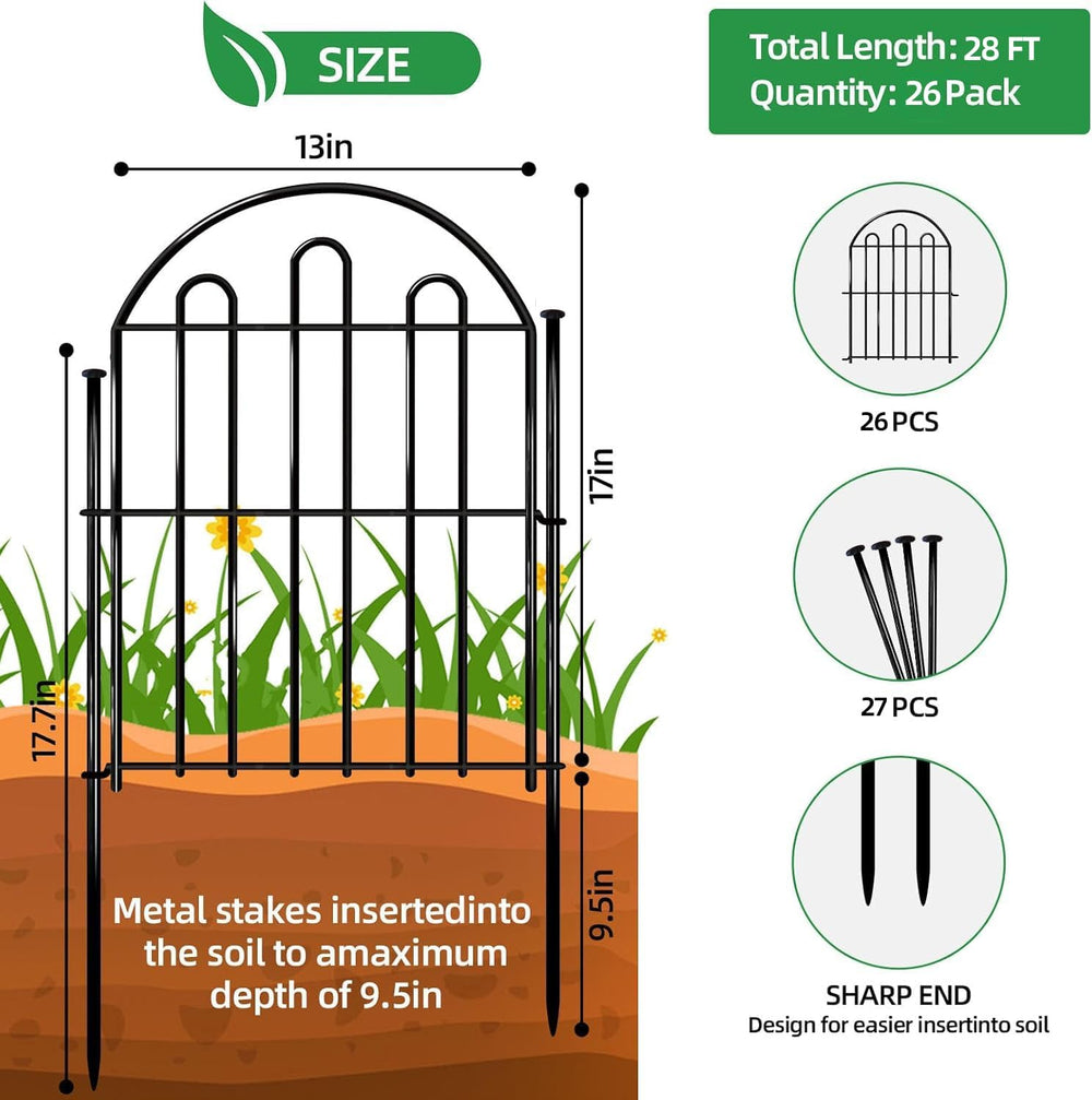 28ft in x 22in Decorative Garden Fence, 26 Pack Arched No Dig Animal Barrier ...