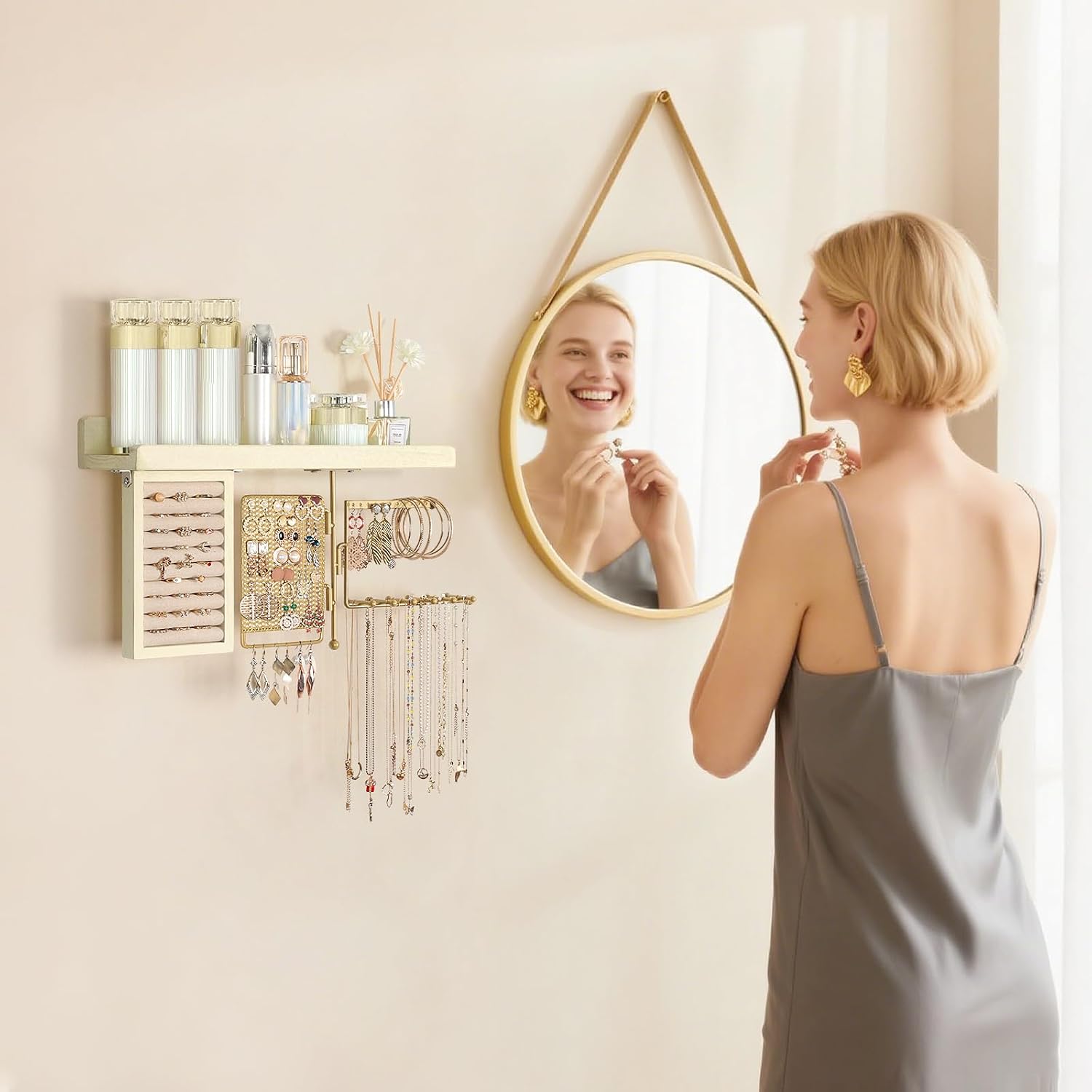 Hanging Jewelry Organizer Wall Mounted with Necklace Earring Ring Holder | Wall Jewelry Holder with Rustic Wood Shelf, Rotating Necklace Storage Organizer, Versatile Earring Holder, Ring Display Box
