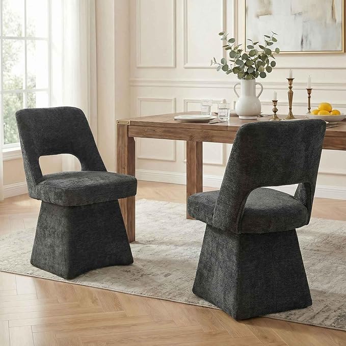 VKNOW Upholstered Swivel Dining Chairs Set of 2, Modern Dining Room Chairs with Open Back, Chenille Fabric Kitchen Chairs for Dining Room, Living Room, Bedroom, Vanity, Black