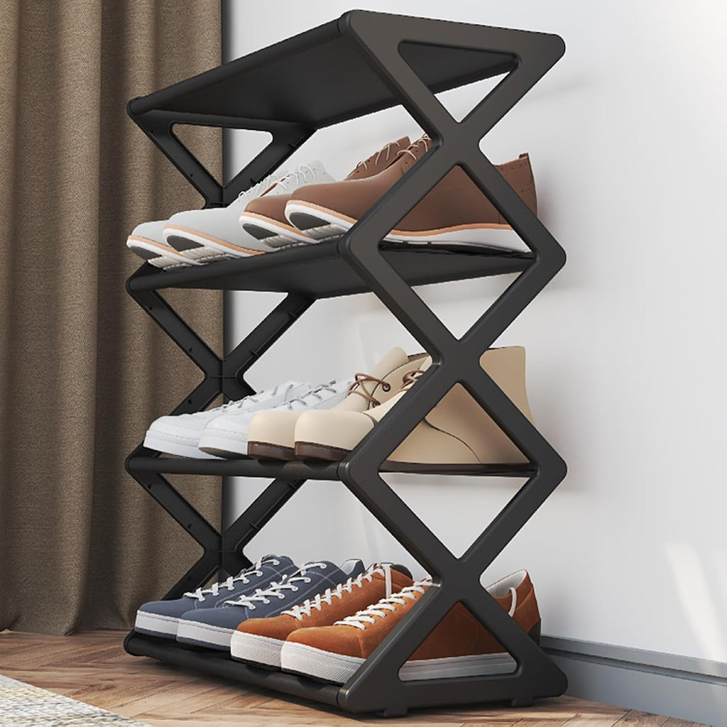 4 Tier Foldable Shoe Rack, Standing Shoe Storage Organizer with No Tool Assembly for Hallway Entryway Bedroom (Black)