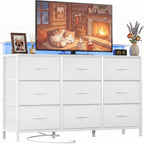 TV Stand with LED Lights & Charging Station, 9 Fabric Drawers Dresser | Entertainment Center for TV up to 55 inch Wooden Media Console Table Storage Organizer for Living Room, Bedroom, White