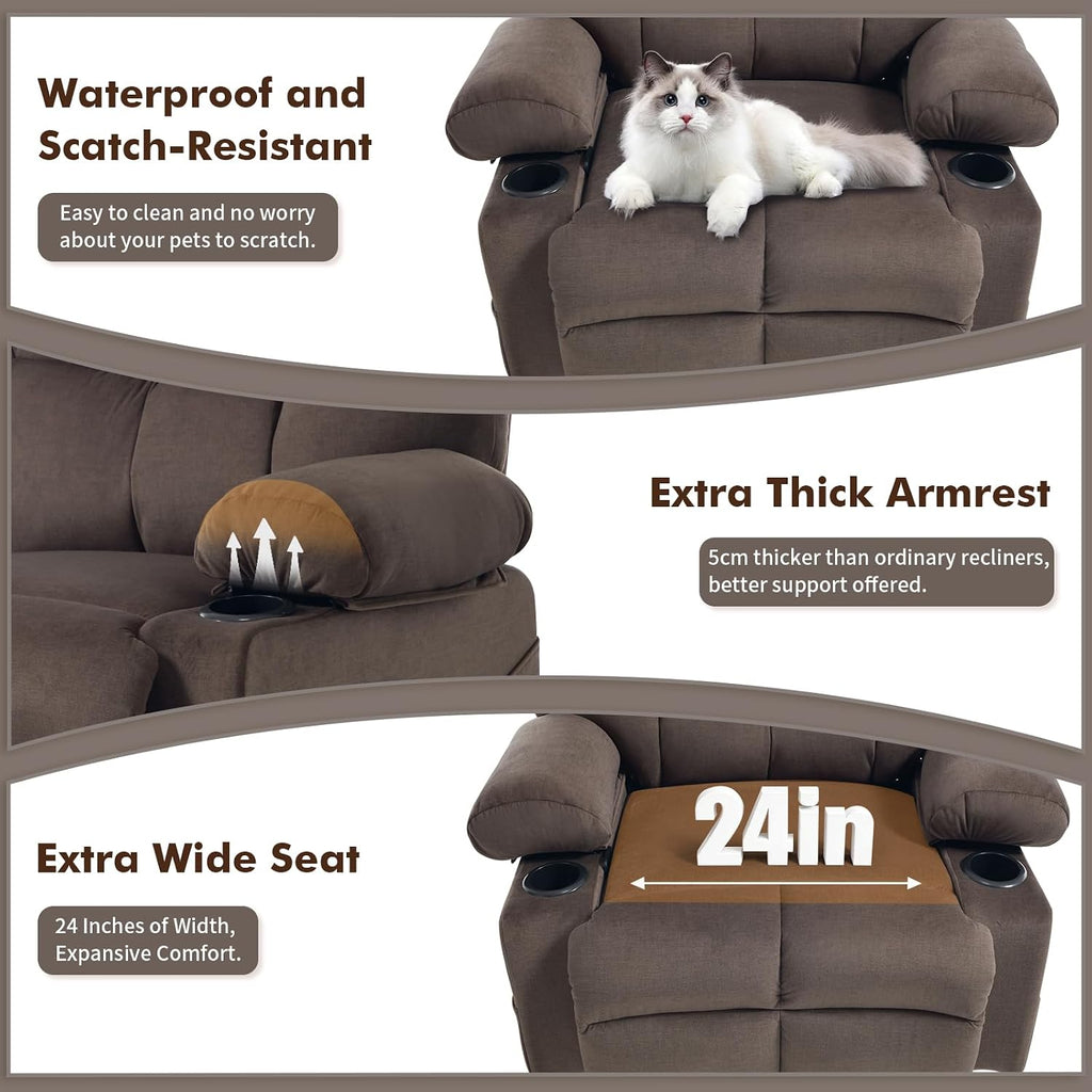 KCQ Overstuffed Swivel Rocker Recliner Chair with Massage and Heat, Fabric Heated Reclining Chairs Manual Recliner with Cup Holder, Nursery Rocking Recliner Glider Chair, Brown