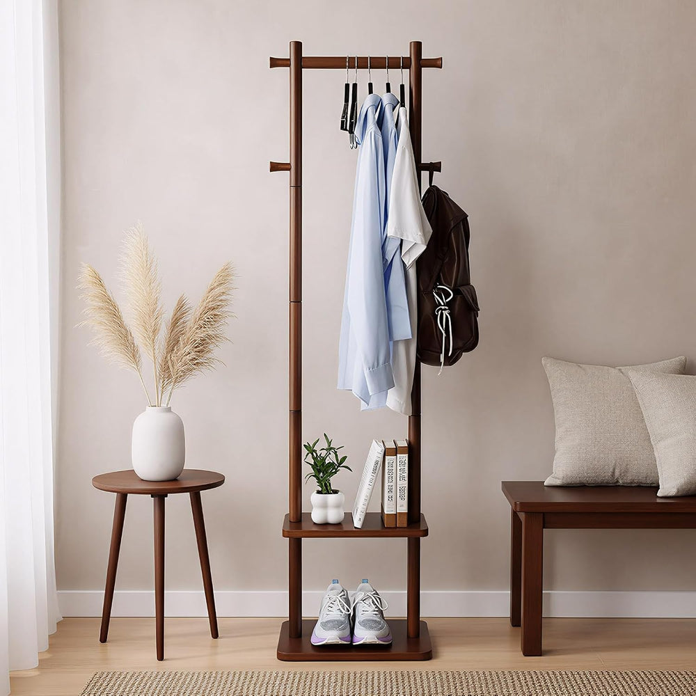 Solid Wood Coat Rack Freestanding,Clothing Tree Racks with 2-layer Shelves St...