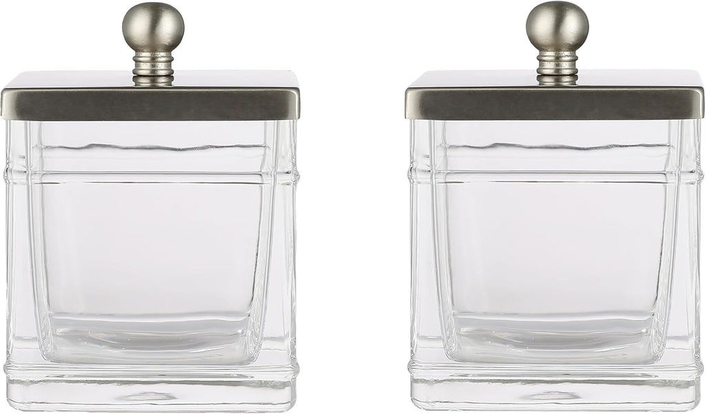 Glass Cotton Jar Holder 2 Pack– Satin Nickel Lid, Elegant Bathroom Storage Canister for Qtips, Cotton Balls, Floss, Makeup Organizer, Vanity & Bathroom Organization