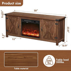 YESHOMY Fireplace TV Stand with Two Barn Doors and Storage Cabinets for Televisions up to 65+ Inch, Entertainment Center Console Table, Media Furniture for Living Room, 58 Inch, Walnut