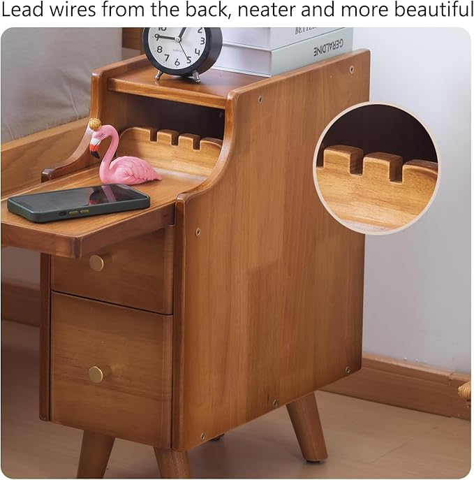 Narrow Nightstand, Slim Nightstand, Solid Wood Night Stand, Narrow Side Table for Living Room, Small Spaces, Couch, Walnut Color 9.84in Wide