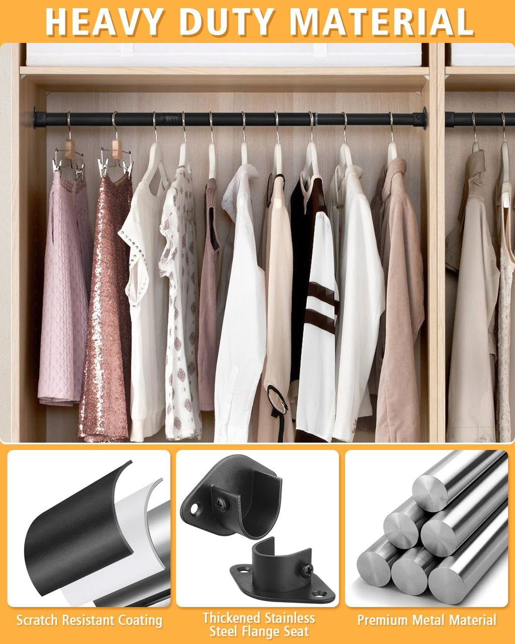 Closet Rod, 17 to 28 Inch Heavy Duty Adjustable Metal Clothing Rack for Hanging Clothes, Closet Poles for Wardrobes, Laundry, Durable Steel, Black