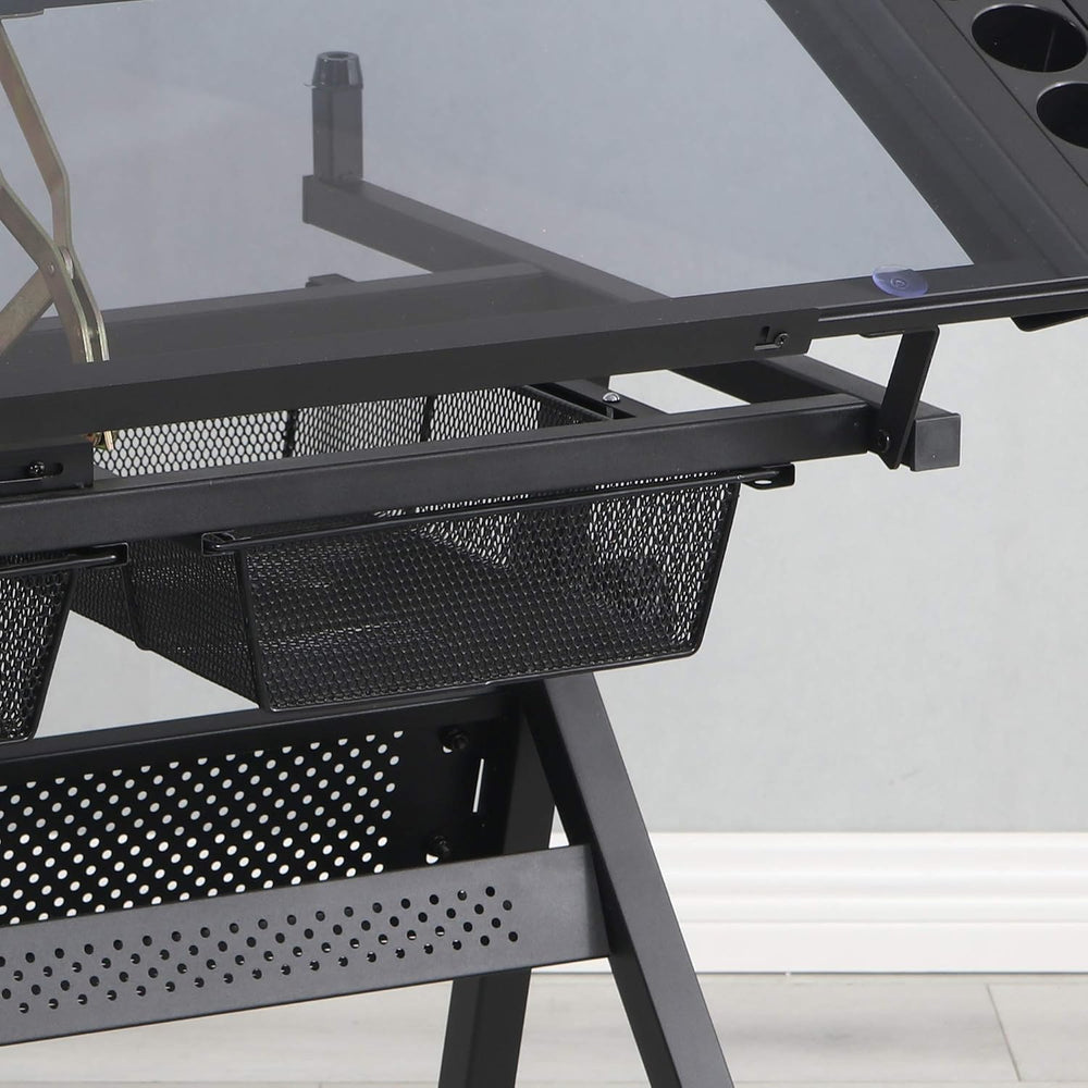 Black Hand Crank Adjustable Tempered Glass Drafting Table with Chair and Stor...