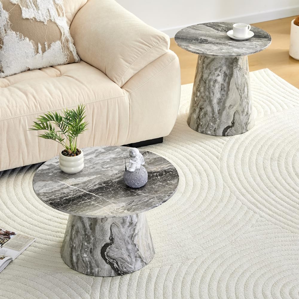 Nesting Coffee Table Set, Gray Veneer Round Tables, Mid-Century Modern | Roun...