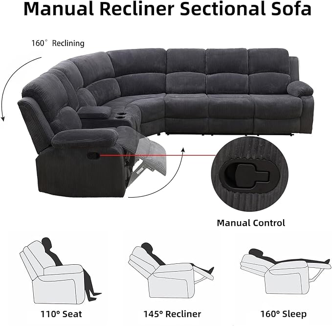 Manual Recliner Sectional Sofa Set, Corduroy L-Shaped Living Room Furniture S...