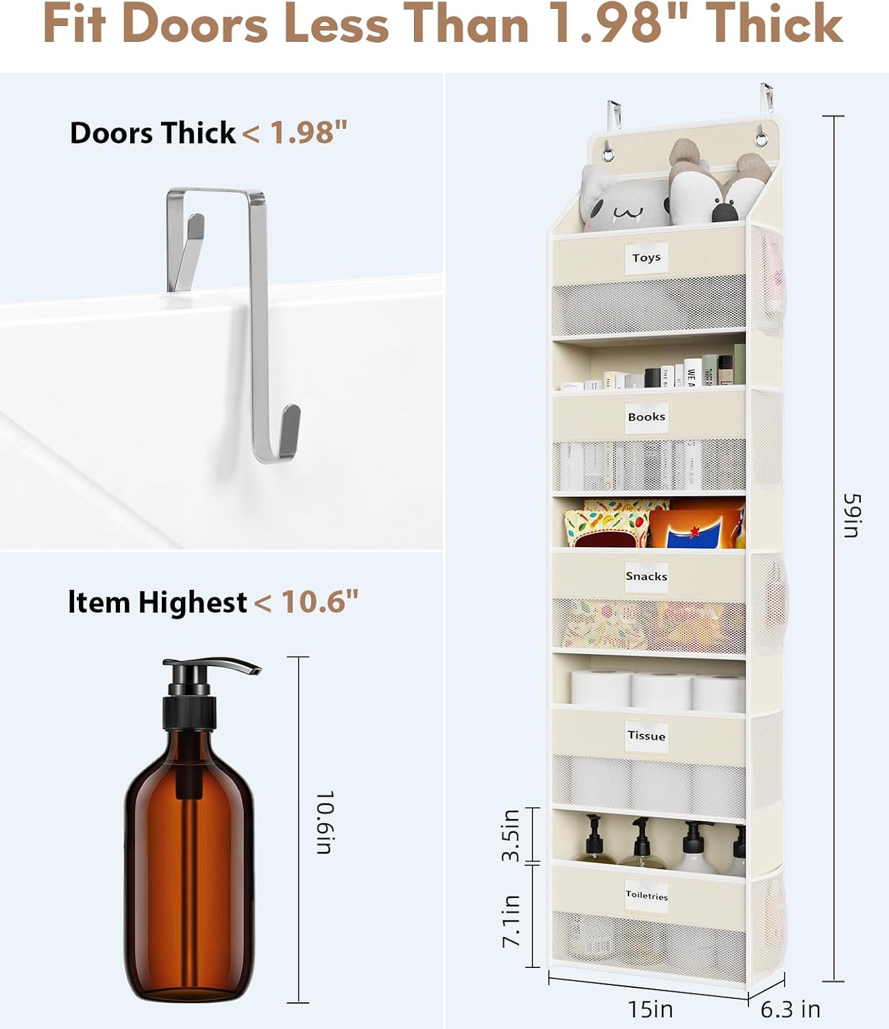 Over The Door Organizer Hanging, 2 Pack 5 Shelf Behind The Doors Storage, Pantry Door Organizer, Closet Organizers for Bedroom and Nursery (Beige)