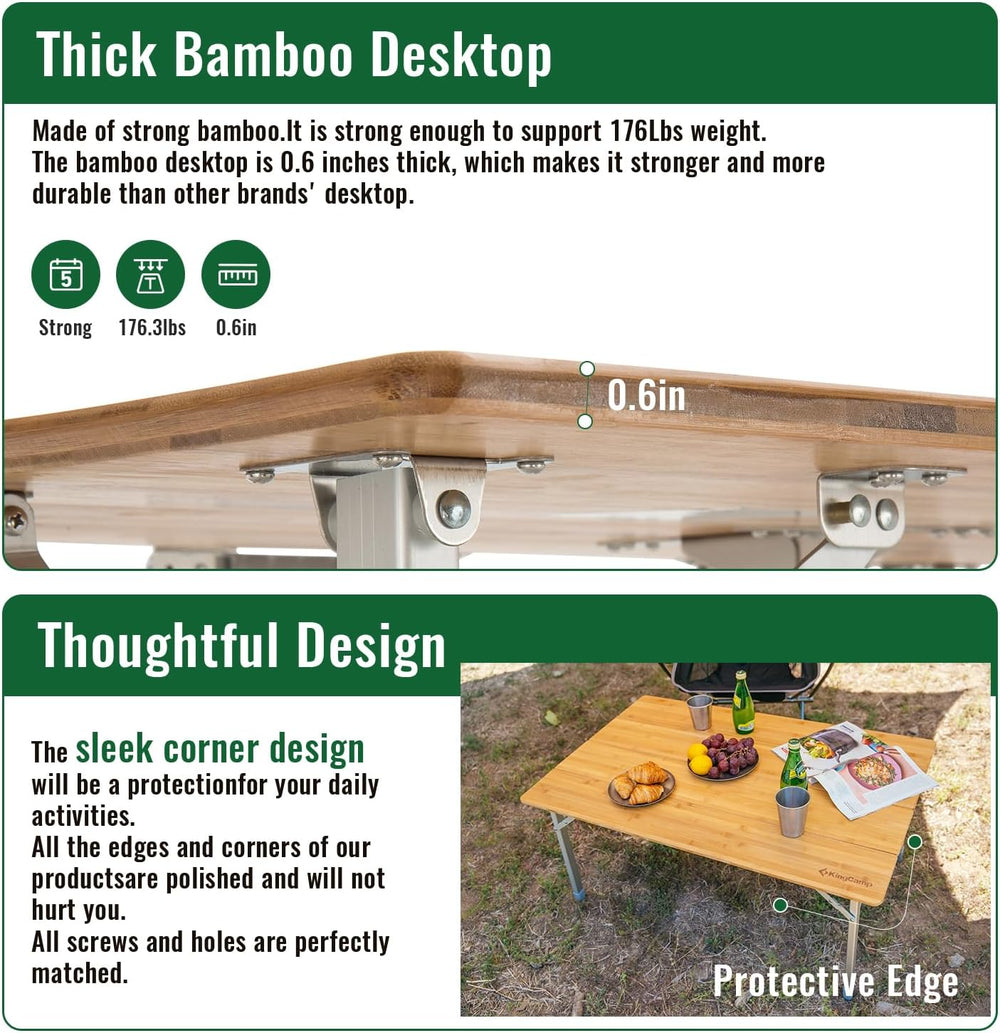 KingCamp Bamboo Folding Camping Table, 4-Fold Adjustable Outdoor Table | Port...