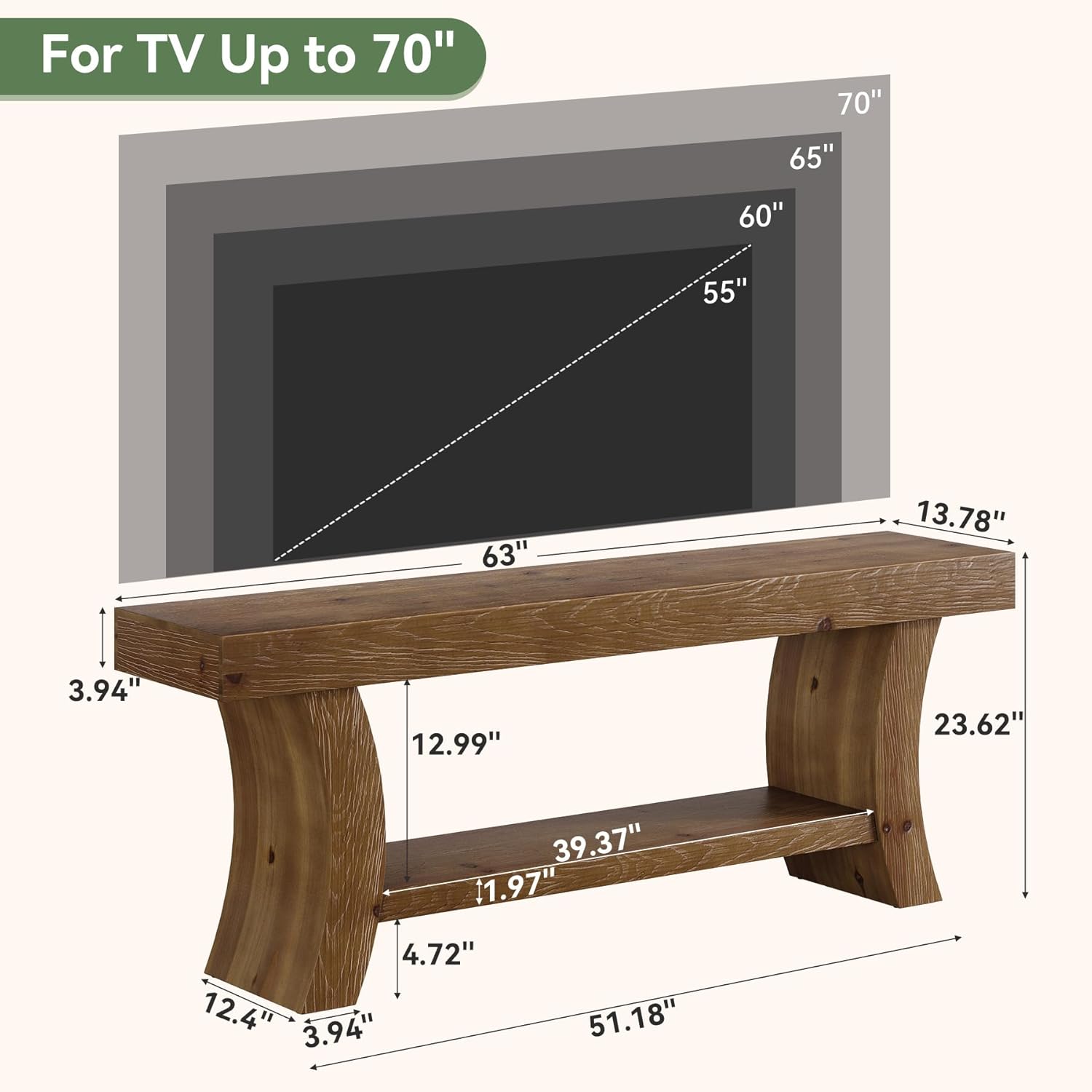 63" Solid Wood TV Stand for 55/60/65/75" TVs, Farmhouse TV Console, Low Entertainment Center with Storage for Living Room, Bedroom (Dark Brown)