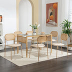 COSVALVE Boho Dining Table Chairs Set of 6, Tempered Glass Tabletop with Rattan Decor, Upholstered Cane Dining Chair with Rattan Back Metal Legs, for Dinner Living Room Reception
