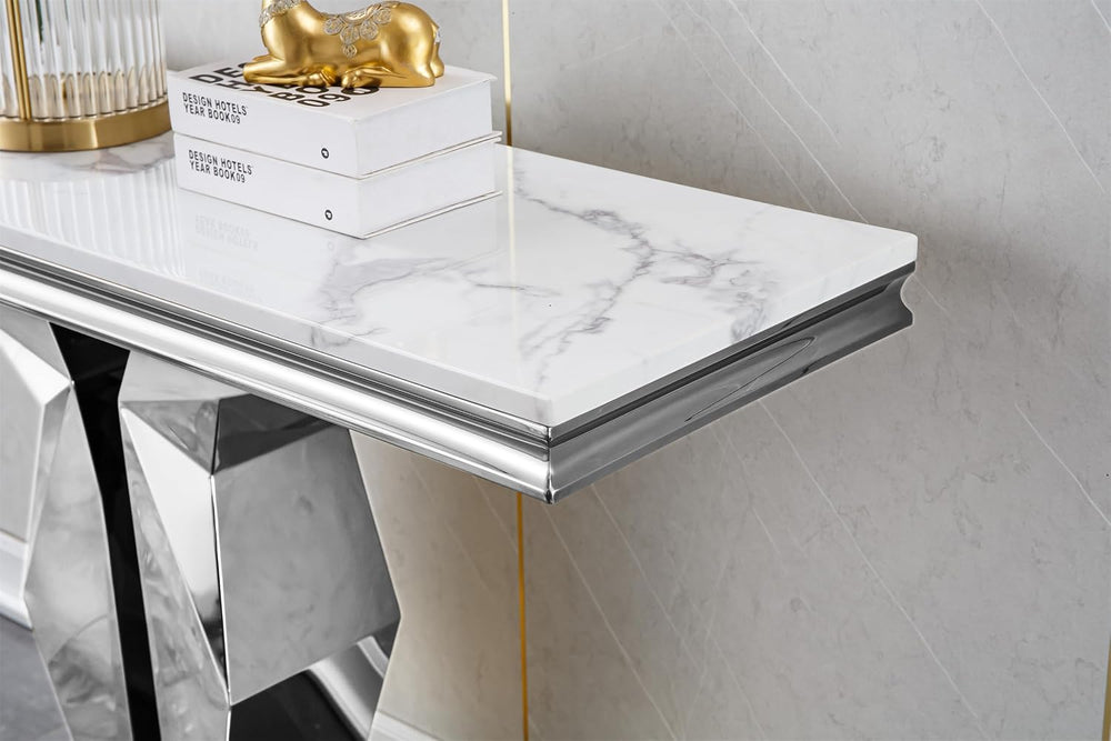 SSLine Modern White Faux Marble Console Table Luxury Entryway Table with Silv...