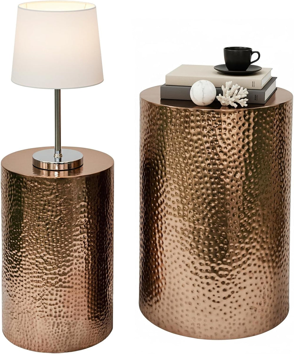 MyGift Set of 2 Modern Hammered Metal Bronze Round End Tables, Home Accent Si...