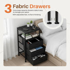 Sweetcrispy Nightstand with Charging Station 3 Fabric Drawers Bedside Table | Night Stand with USB Type-C Ports, AC Outlets & Dimmable LED Light Strip, Modern Black Bedroom End Table