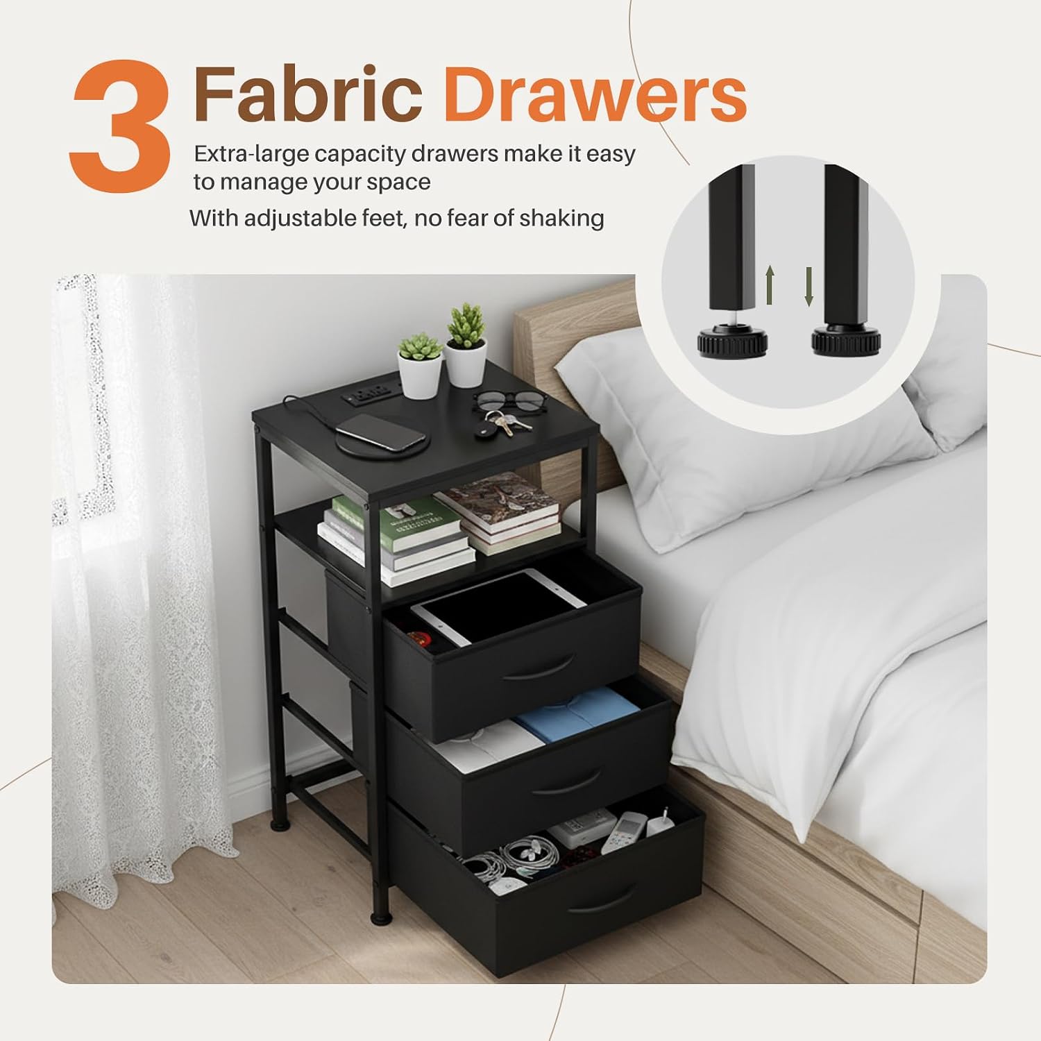 Sweetcrispy Nightstand with Charging Station 3 Fabric Drawers Bedside Table | Night Stand with USB Type-C Ports, AC Outlets & Dimmable LED Light Strip, Modern Black Bedroom End Table