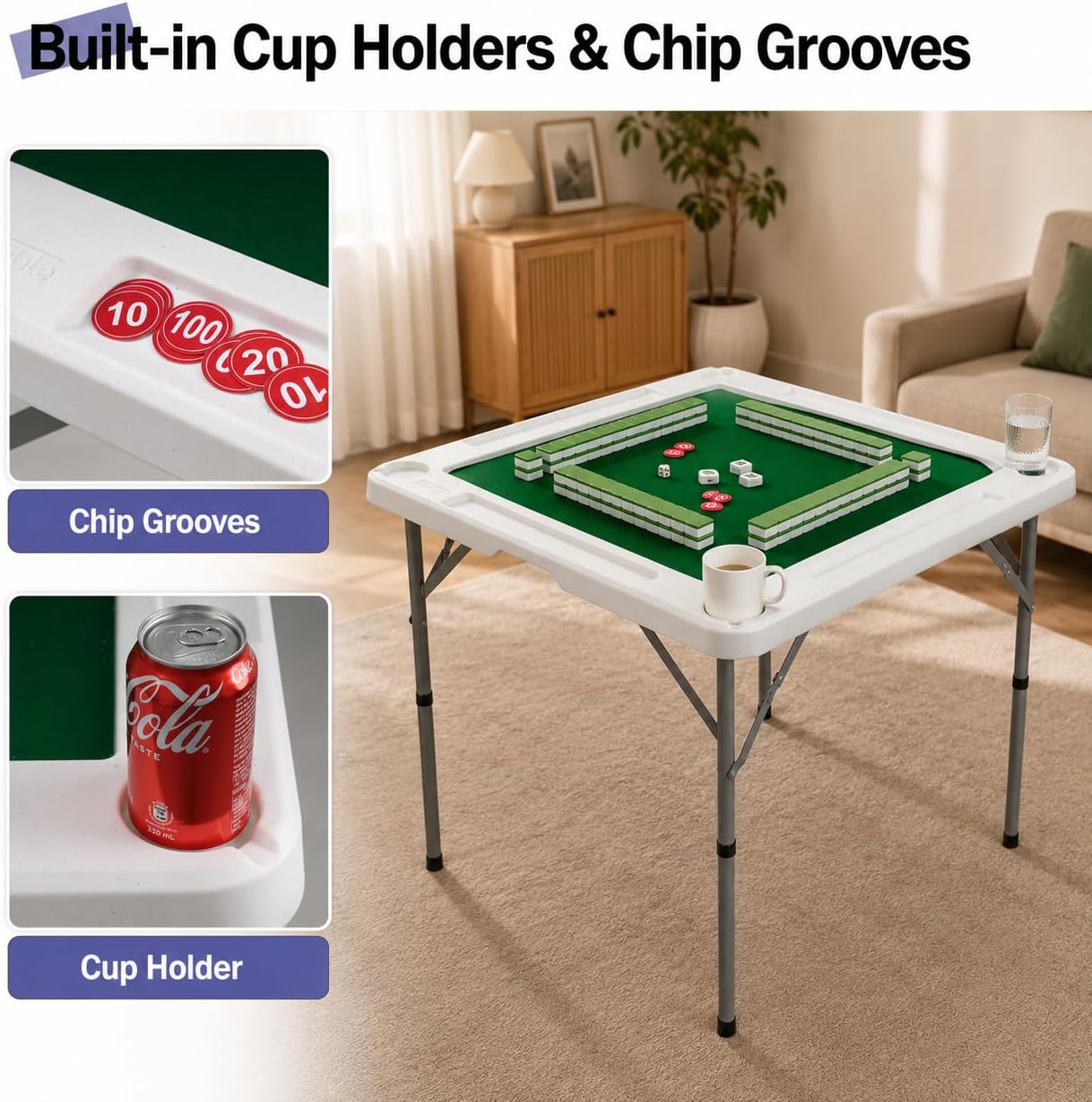 Byliable 34.6" Folding Mahjong Table, Portable Game Table with Cup Holders | Foldable Design, Carry Handle, 4 Cup Holders, 4 Storage Slots, HDPE Tabletop, Steel Legs, Quiet Playing Mat