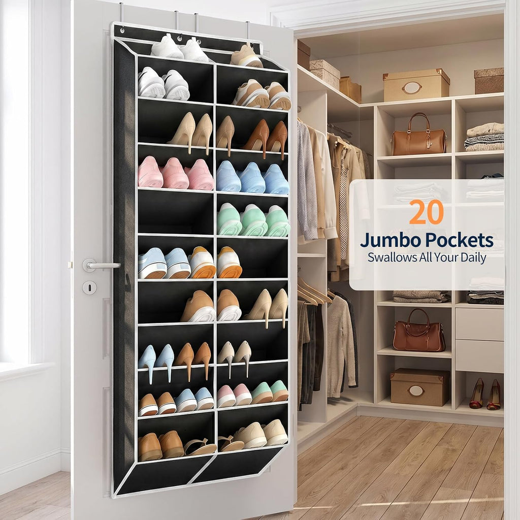 Yecaye 30 Pairs Over the Door Shoe Organizer, Large Capacity Hanging Shoe Rack for Door Hanger with Deep Pockets, Heavy Duty 10 Tier Shoe Holder for Sneakers Boots Heels College Dorm Essentials, Black