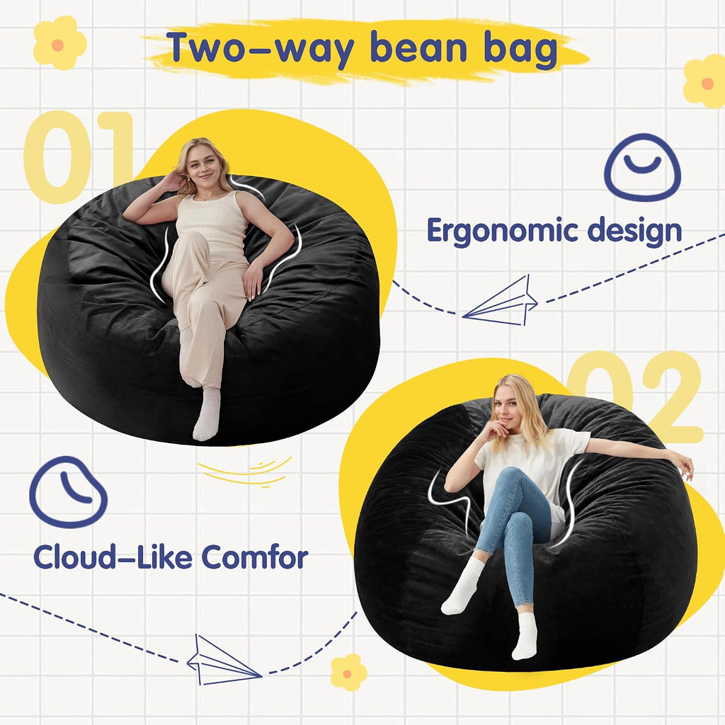 4FT Adult Bean Bag Chair, 4'Comfy Bean Bags, Large BeanBag Chairs | Bean Bag Chairs for Adults with Memory Foam Filled, Washable Cover,Lazy Sofa for Gamming Room,Living Room & Bedroom,Black
