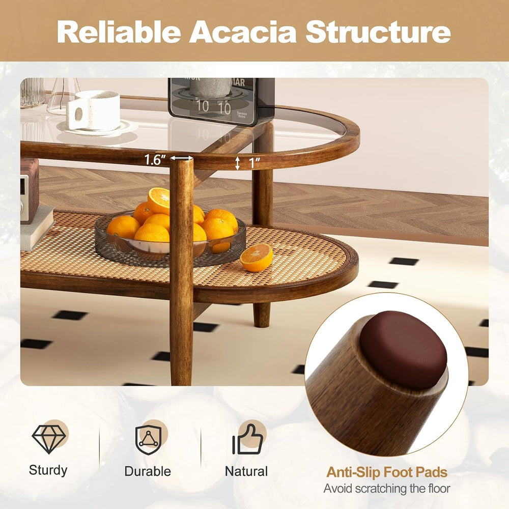 GIANTEX Rattan Coffee Table, 2-Tier Oval Acacia Wood Tea Table w/Tempered Gla...