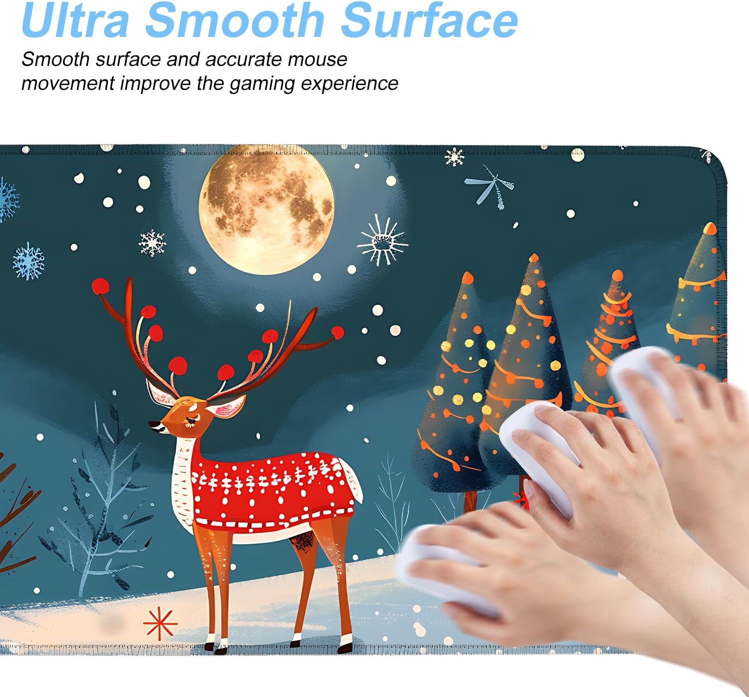 Christmas Reindeer Mouse Pad– Large Extended Desk Mat with Holiday Winter Snow Scene, Non-Slip Base Keyboard Pad for Home Office, Gaming, Workstation,31.5 x 11.8 in