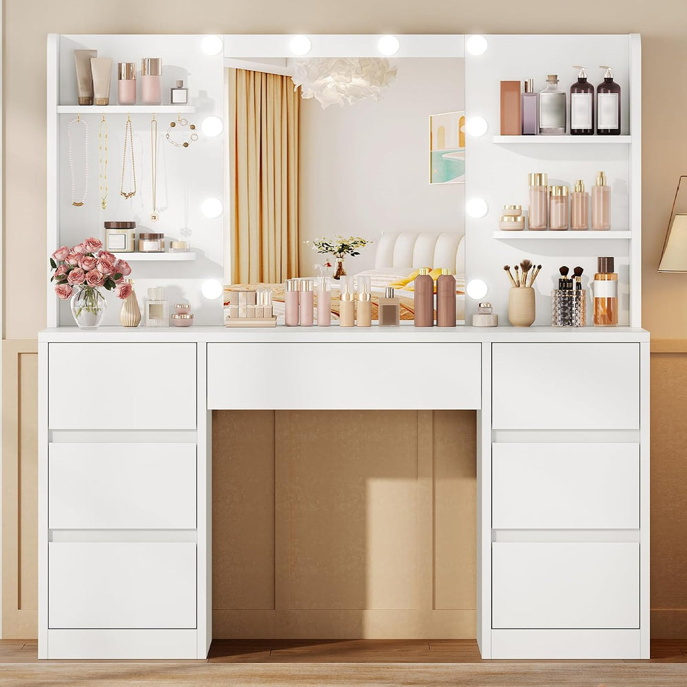 FIONESO Vanity Desk with Mirror and Lights, White | Makeup Vanity with 3 Colo...