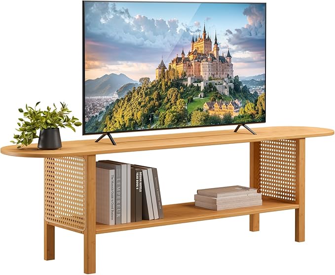 HollyHOME Bamboo TV Stand with Storage for TVs up to 65", Modern Enterta...