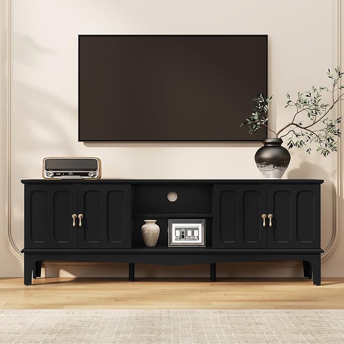 ARTPOWER 67“ Mid-Century Modern TV Stand for TVs up to 75”,Entertainment Center with Door Cabinets and Open Shelves,TV Console with Storage,Black Media Cabinet for Living Room,Bedroom
