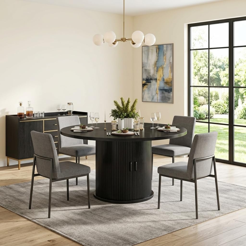 47 Inch Round Dining Table with Storage, 2-Layer Shelf & Wood Slide Door, Farmhouse Style, Waterproof Top, 330 lbs Capacity, for 4-6 Person, Easy Assembly, Ebony