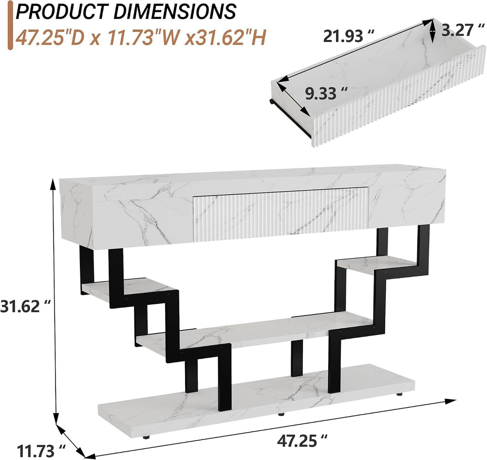 47.3" Console Table with Fluted Drawers, 3-Tier Modern Entryway Table wi...