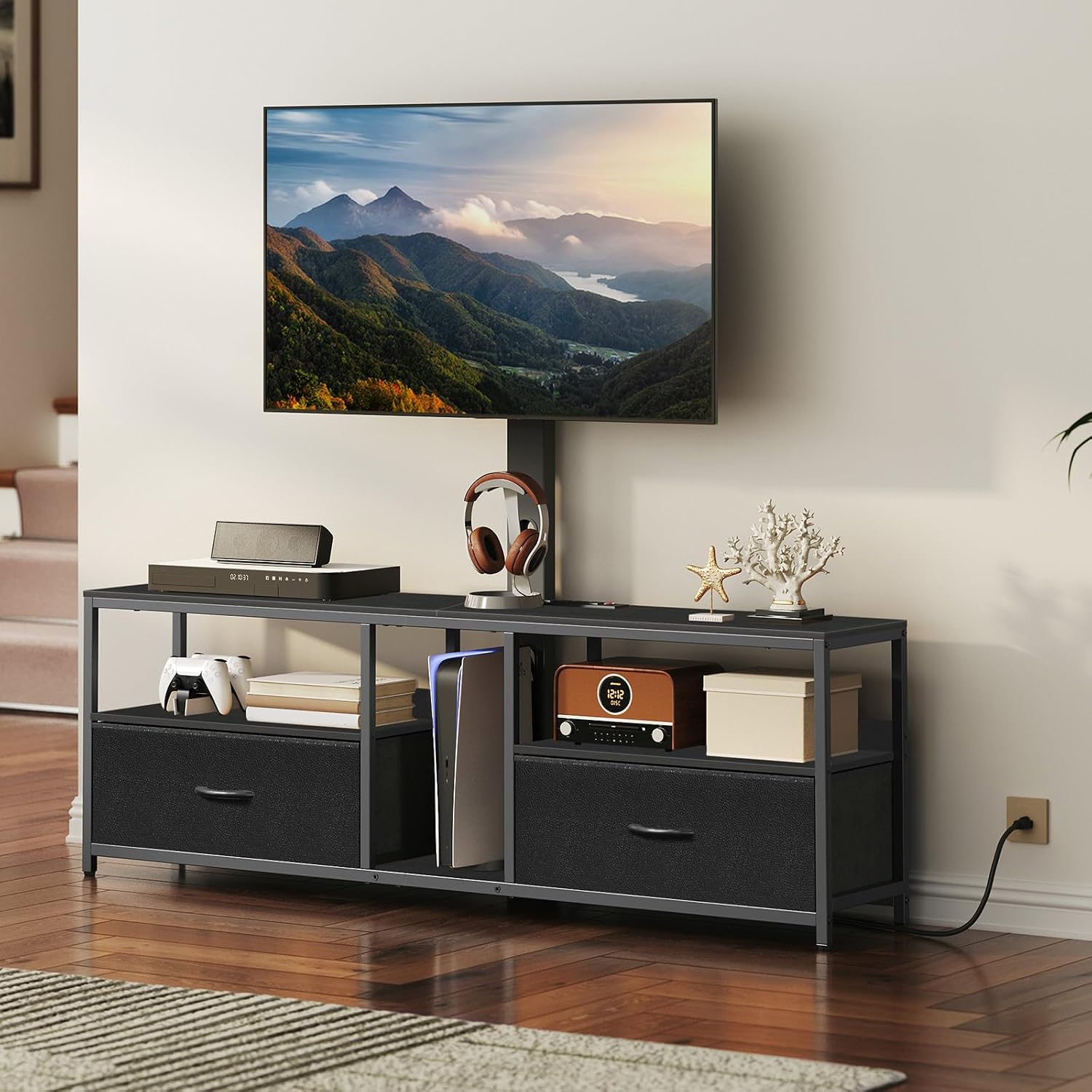 MAHANCRIS TV Stand with Mount for up to 75", Entertainment Center with Switch-Controlled Charging Station, Swivel TV Stand Mount with Fabric Drawers, for Living Room, Black TVBK154E01N2