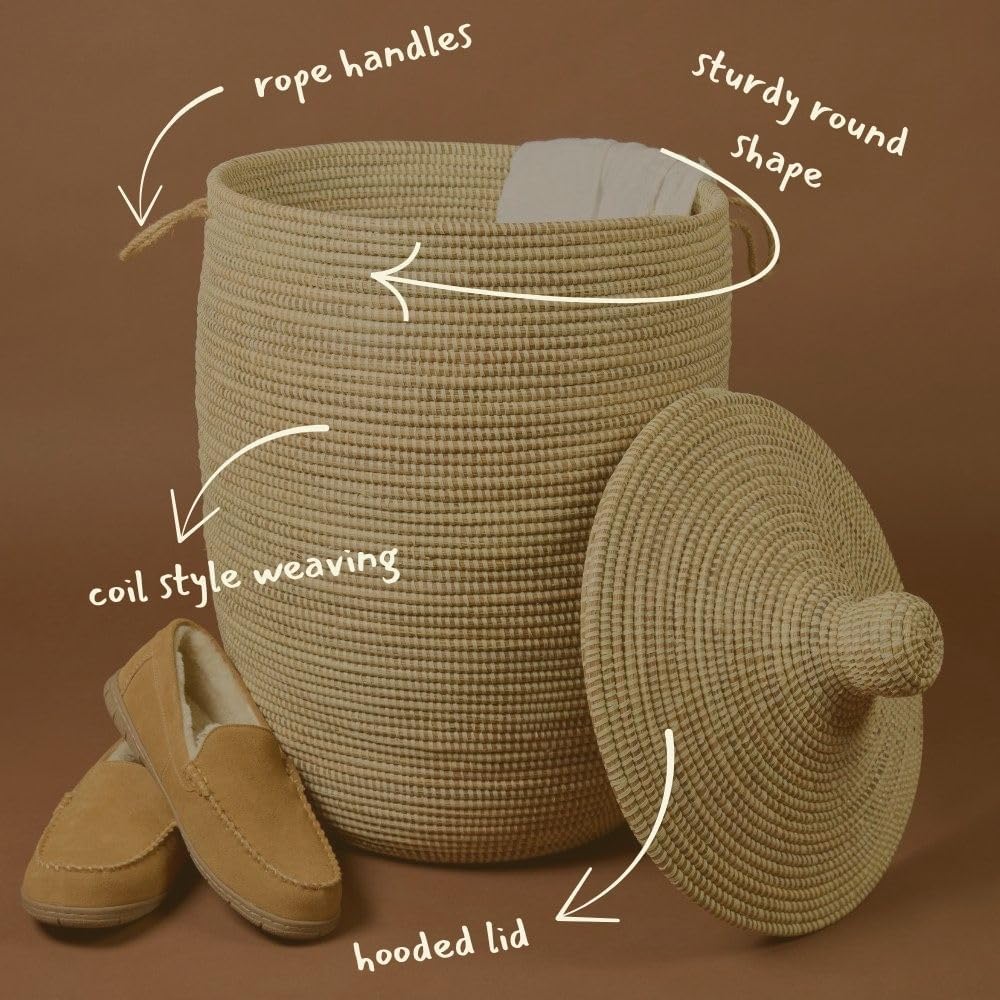 Tall Large Decorative Wicker Storage Basket with Lid, Laundry Hamper, Blanket Storage, Toys Bin, Clothes Holder, Boho Style (Beige)